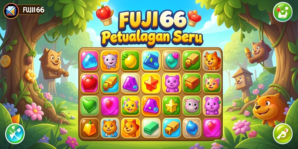 Screenshot utama FUJI66 menampilkan gameplay seru dengan kombinasi gem yang berwarna-warni.