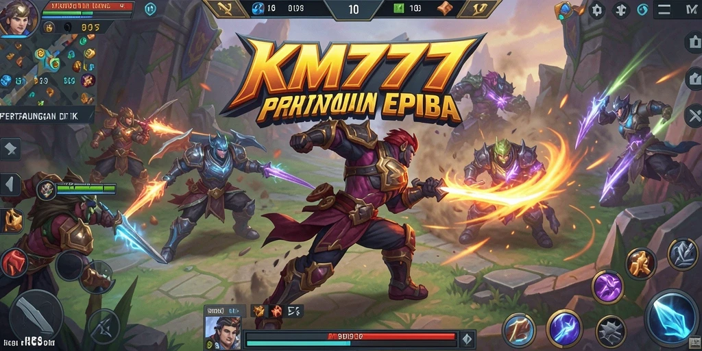 Screenshot utama KM777 menampilkan pertempuran seru antar hero di arena.