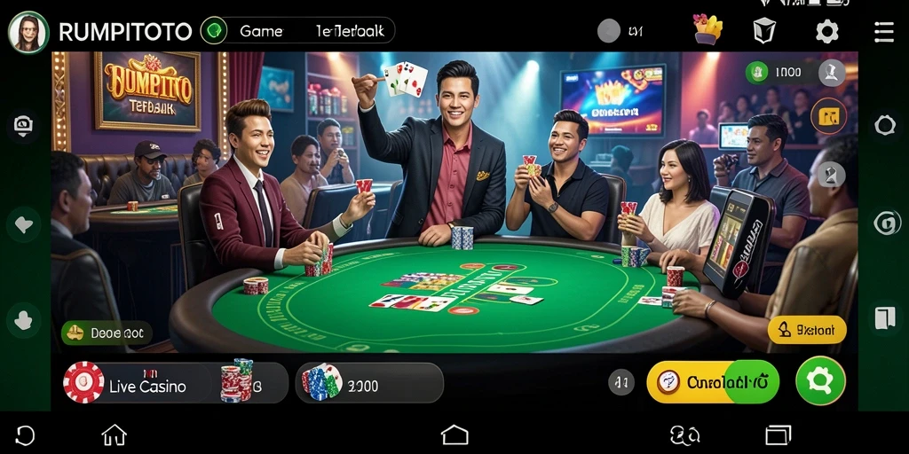 Screenshot gameplay RUMPITOTO menampilkan dealer langsung yang berinteraksi dengan pemain.